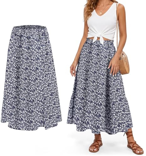 Aomig Women's Floral Skirt Ladies Boho Skirts Elastic Waist Maxi Skirt Casual Beach Long Skirts Daily Holiday Petticoat Pleated Skirt Boheme Floral A-Line Boho Skirt