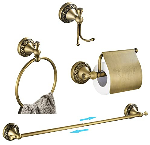 WINCASE Accesorios de baño de latón Antiguo, Accesorios de baño Retro, Juego de Barra de Toalla de baño de latón de 24 Pulgadas, Soporte de Papel tolilet de 4 Piezas, Gancho para Bata montado en la