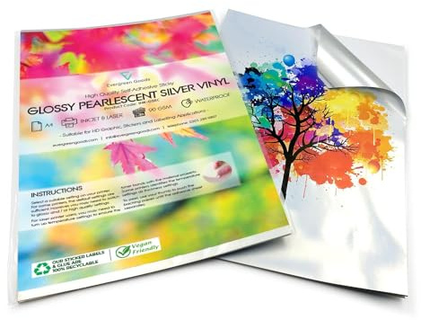 Evergreen Goods 20 Sheets A4 Glossy Silver Printable Vinyl Sticker Paper - Inkjet & Laser Printable, Waterproof Self Adhesive Sticky Back Labels for Cricut, Crafts & High-Resolution Sticker Making