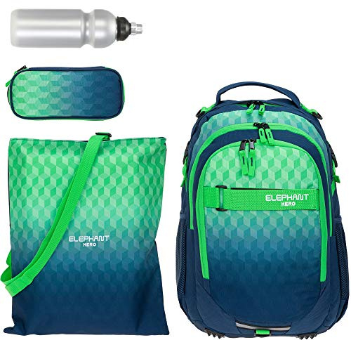 Elephant 4 Teile Rucksackset Hero Signature 12810 Cube Green Blue rtmf | Schulrucksack Set Mädchen Jungen Mäppchen Box Turnbeutel Trinkflasche Grün Blau