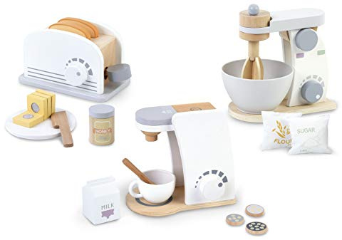 Leomark Elettrodomestici in legno - 3 in 1 - Macchina da caffè, Tostapane, Sbattitore, Caffettiera per Bambini, Set da Cucina, Giocattolo educativo con Accessori