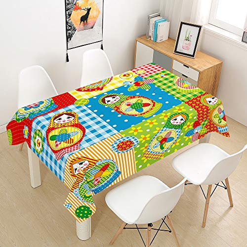 Morbuy Tischdecke Abwaschbar, Cartoons Drucken Tischtuch Rechteckig Tischwäsche Gartentischdecke Outdoor Tischdekoration Wasserdicht Polyester Ölfest Pflegeleicht (140x220cm,Matroschka)