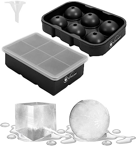 Vinsani 2 Pack Ice Cube Tray with Removable Lid Easy-Release Silicone Flexible Ice Ball Mould and Square Ice Cube Maker LFGB Certified and BPA Free Stackable Durable – Black