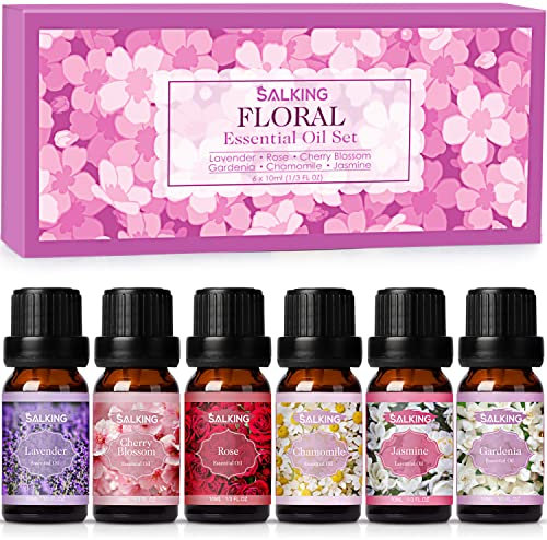 SALKING Essential Oils Set, 100% Pure Fragrance Oil AromatherapyGift, Premium Scented Oils for Diffusers 6 x 10 ML - Lavender, Rose, Jasmine, Cherry Blossom, Gardenia, Chamomile, Pink