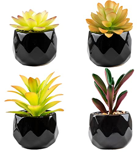 Canirologas Artificial Plants Indoors, Black Ceramic Potted Ornaments, Mini Green Succulents Decor for Bedroom Aesthetic, Faux Desk Plant for Bathroom,Living Room, Office Decoration (yellow 4pcs)
