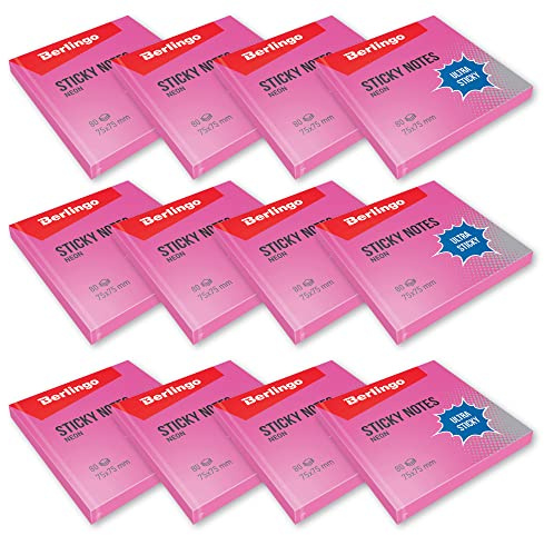 Berlingo Klebezettel Block, 75x75 mm, 12 Blöcken, 80 Blatt pro Block, klebende Notizzettel für Notizen und To-Do-Listen, Serie Ultra Klebrig, neon farben, rosa