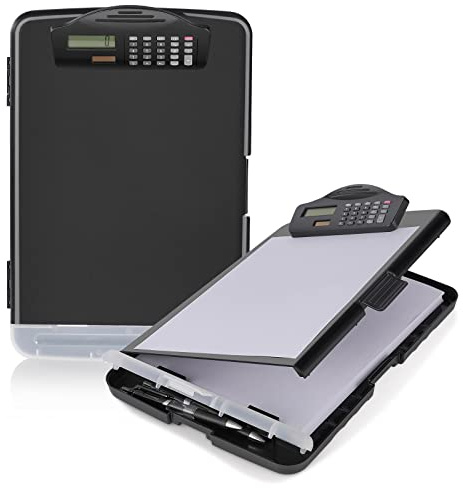 Sunnyclip Porte-bloc avec rangement et calculatrice, [20% plus épais] - En plastique robuste - Grande capacité - Ouverture latérale - Avec porte-stylo - Écriture fluide - Fournitures de bureau
