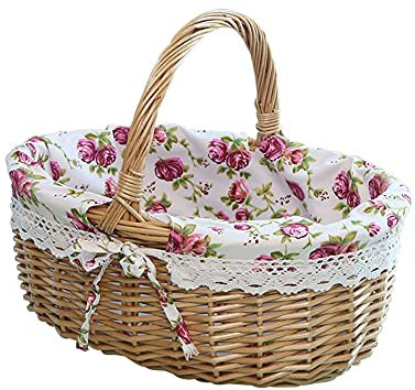 Wicker Picknickkorb,Oval Einkaufskorb Weidenkorb mit Henkel, Handgeflochten Geschenkkorb Obstkorb Mit Futter Gewebten Aufbewahrungskorb Tragekorb Autokorb Henkelkorb für Zuhause Camping Garten