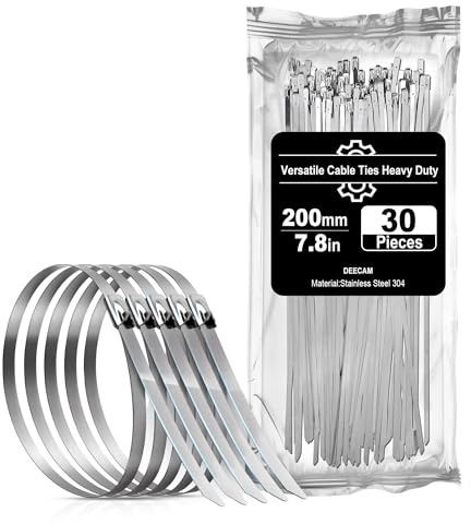 Deecam Edelstahl-Fixierset (30 Stück) – 200 x 4,6mm Metall-Kabelverbinder Rostfrei | Hitzebeständige Stahlstrapse für Auspuff-Hitzeschutz, Motorrad & Garten