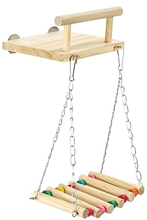 Bird Perches Cage Toys, Parrot Wooden Platform, Exercise Stands with Wood Swing, Ferris Wheel Chewing for for Parakeet Conure Cockatiel Budgies Hummingbird (Style C)