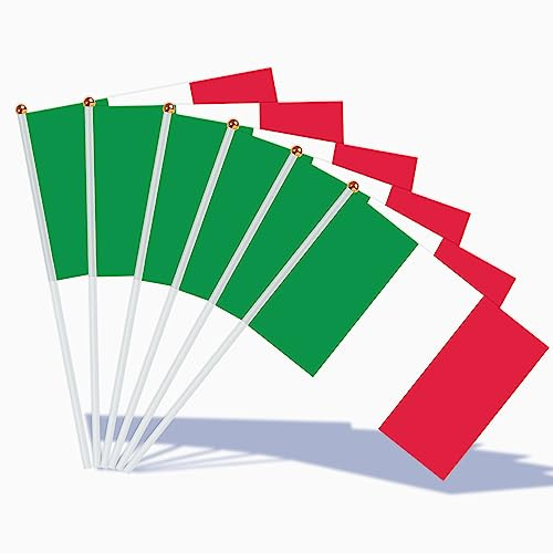 AhfuLife Italiane Bandiere Tenute a Mano, 100 Pz, Mini Bandiera Italiana 14x21 cm, con Palo Bianco 30 cm per Festa Nazionale, Coppa del Mondo, Decorazioni per Calcio e Feste Sportive