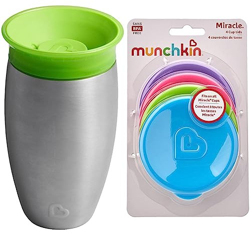 Munchkin Miracle 360°- Vaso antiderrames en acero inoxidable, verde, 296 ml & Tapas para los Vasos Miracle, adaptable a todos los estilos de Vasos Miracle, Multicolores, pack de 4