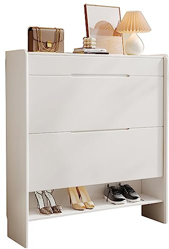 ZORZA Schuhschrank mit 2 Klappfächern, 60 x 25 x 115 cm Schuhkipper für 20 Paar Schuhe mit 1 Schublade, Gummi-Holz, Verstellbaren Trennwänden Schuhschrank,Weiß