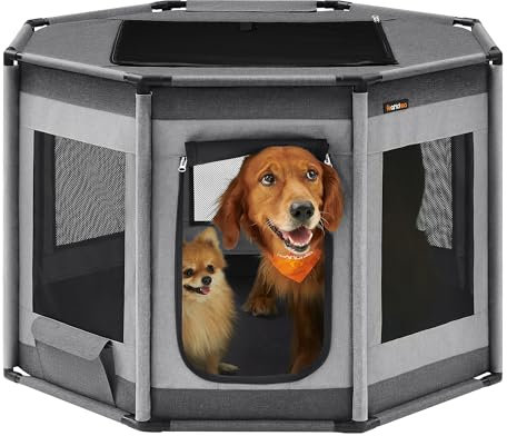 Feandrea Welpenauslauf Oxford-Gewebe, Welpenlaufstall achteckig, Hundekäfig XL, 112 x 112 x 76 cm, Rahmen aus PVC-Rohren, atmungsaktives Netz, mit Seitentasche, Taubengrau-schiefergrau PDC006G01