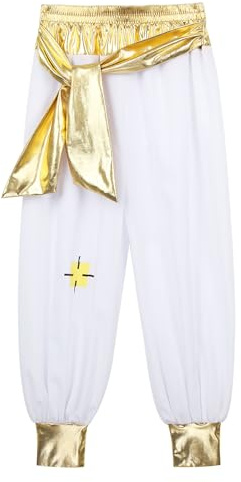CHICTRY Arabische Hose Für Kinder Junge Orient Prinz Kostüm Metallic Patchwork Hose Leggings Zum Binden Vorne Mottoparty Outfits Weiß 170