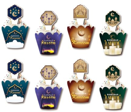 24 Sets Ramadan-Cupcake-Topper und -Förmchen,Eid-Mubarak-Dekorationen islamische Moschee Mondstern Cupcake-Dekorationen Cupcake-Pick-Einlagen für islamisch-muslimische Themenpartys,Kuchendekorationen