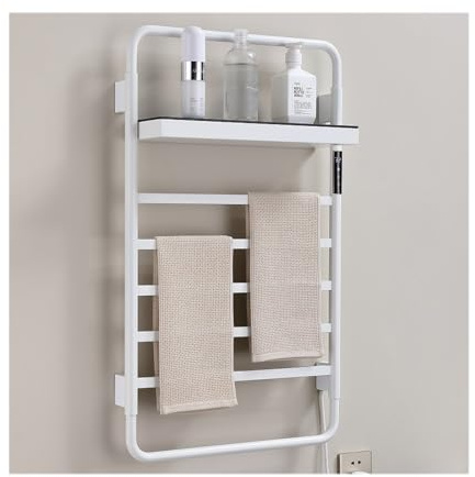 JUVELIO Heated Towel Rail, Digital Display Towel Warmer Stainlses Steel Radiator Towel Rail Wall Mounted Electric Towel Rail Timer Ipx4 Waterproof Bathroom Radiators Electric Towel Radiator, White