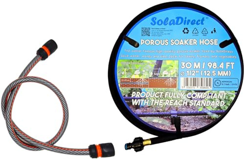 SolaDirect Soaker Porous Hose, 30 m Porous Hose and 2 m Garden Hose - Soaker Hose to Tap Connection Kit - Reach Compliant for Lawns, Flowerbeds, Greenhouses, Garden Watering System Saving up to 70%