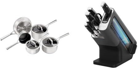 Ninja ZEROSTICK 5-Piece Pan Set, Long Lasting Non Stick,16cm, 18cm & 20cm Saucepans & Foodi StaySharp Knife Block with Integrated Sharpener; 5 Knives and Scissors (1 Pair), Sharp 6-Piece Knife Set