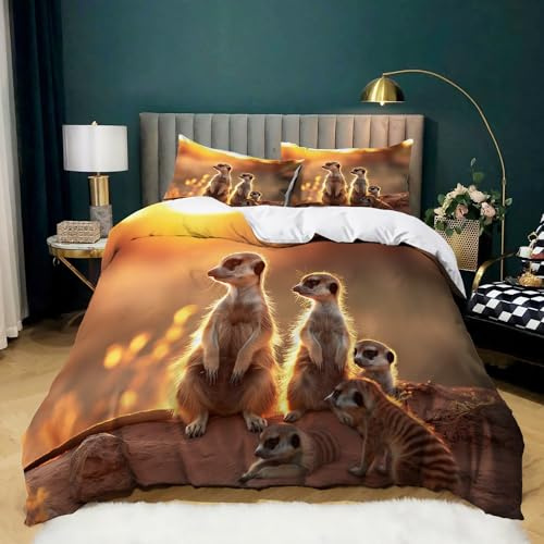 Bettwäsche135x200cm mit Reißverschluss Erdmännchen Mit Tiermotiv Braun Kuschel Bettwäsche Set Weich Microfaser Einzelbett Wendebettwäsche Bettbezug und Kissenbezug 80x80cm, für Kinder Teens Mädchen