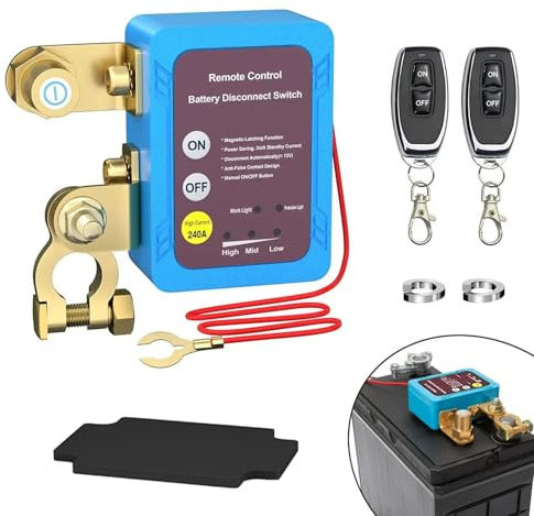 AULESSE Desconectador de Bateria Coche, 12V 240A Corta Corriente Bateria Coche, Interruptor de Desconexión de Batería Remota con 2 Telecontrol, Interruptor de Batería para Coche Camión RV ATV