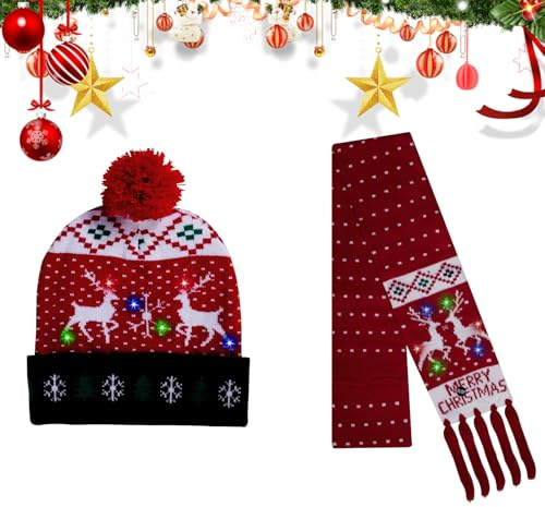 2 Stück Weihnachten Kinder Elektrische Hut Schal Lovely Kinder Gestrickte Mütze Schal Handschuhe Light Up Weihnachtsmütze für Neujahr Party Weihnachten Festival Supplies Erwachsene (A)