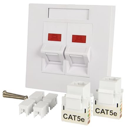 Labgear Twin Angle Keystone Ethernet Socket CAT5e RJ45 Faceplate, 1-Gang Wall Socket - White with Colour-Matched Inserts 86x86mm
