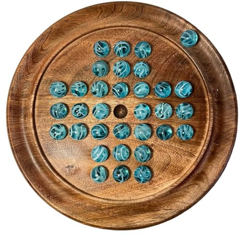 Solitaire Brettspiel aus Holz, 22 cm Durchmesser, ab 10 Jahren, mit brillanten blauen Sauerstoffglas-Marmoren, klassisches Solitär-Spiel aus Holz, Strategie-Brettspiel, Familien-Brettspiel, Spiele für