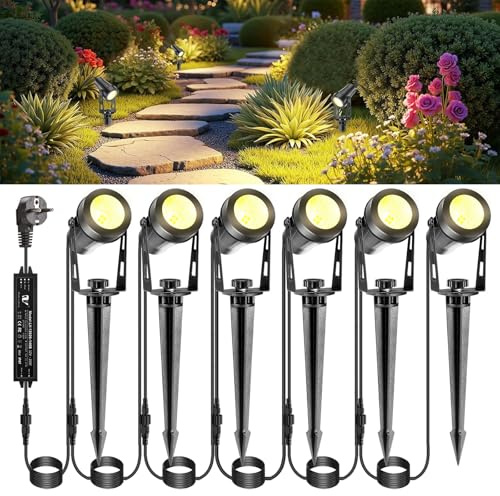IRISECO Gartenbeleuchtung mit Strom, 6er Gartenstrahler mit Erdspieß, 3W Gartenleuchte Warmweiß IP65 Wasserdicht für Rasen, Haus, Hof, Baum, Hinterhof, Terrasse (1800LM)