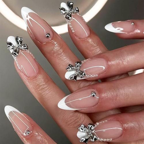 GlamRays Press On Nails Almond White French 3D Knot & Faux Pearl Design False Nail False Nail Full Cover Adhesive Nail Acrylic Nail Pack of 24