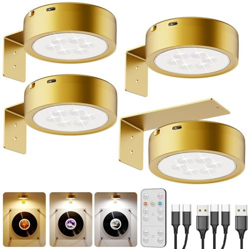 2600mAh Akku Bild Beleuchtung Wand, USB Aufladbar Bilderleuchte Kabellos mit Fernbedienung, Dimmbar LED Spot Akku Magnet, Batterie Bildbeleuchtung, Bilderrahmen Licht Ohne Bohren, GemäLde Lampe, Gold