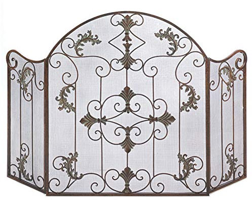 DOLPTBEZM Goldener Kaminschirm aus Schmiedeeisen, Kamin-Standtor, Dekor-Netz, solides, sicherheitssicheres Gitter, Funkenschutz-Abdeckung.