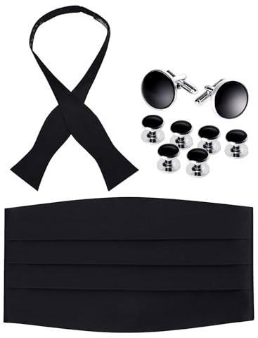 100% Silk Self-Tie Bow Tie, Cummerbund, Set of Cufflinks and Studs- Boxed Set- For Tuxedo, Weddings, Black Tie Events (Black)