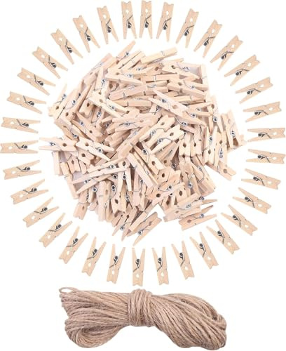 DERAYEE Mini Pince à Linge en Bois 25MM, 120 PCS Petites Pinces Décoratives avec Ficelle, Épingles en Bois pour Bricolage, Jardinage, Décoration Murale et Photos
