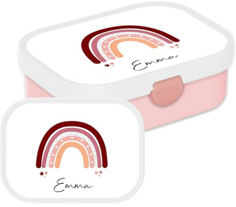 Mepal – Boîte à déjeuner personnalisée avec prénom pour enfant (Arc-en-ciel, motif Rose clair) – avec compartiment bento et fourchette – sans BPA, passe au lave-vaisselle