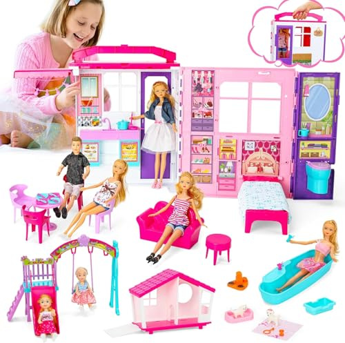 Casa delle Bambole Pieghevole 6-in-1 – Oltre 60 Accessori con Mobili, 2 Bambole Piccole, Cuccia per Animali e Gioco all’Aperto – Playset Portatile – Compatibile con Bambole 29 cm (non incluse)