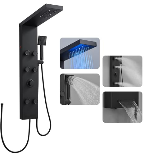 ROVOGO Komplett Schwarze Duschpaneel ohne Armatur, Duschpaneele mit LED, 4 Funktionen - Regendusche, 6 x Massagedüsen, Handbrause und Wasserfall Wanneneinlauf für Bad, Wandmontage Duschsäule Edelstahl