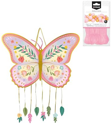 OH YEAH - Piñata Papillon Anniversaire Grand 47 x 39 cm + Set Ballons Latex Rose pastel 30 cm - Décoration de fêtes d'enfants - Grandes pommes de pin à remplir - Jouets et friandises - Facile à