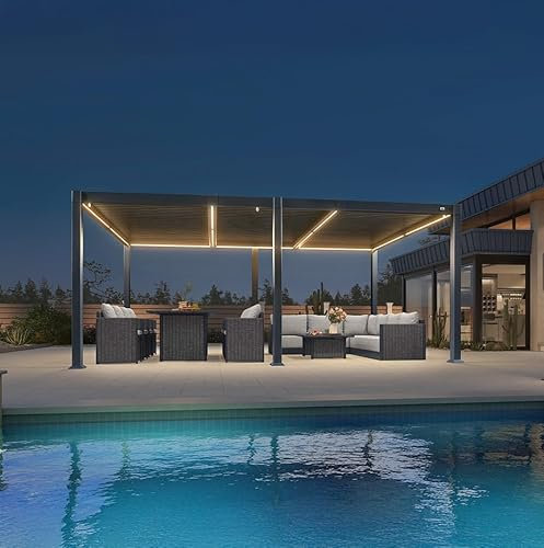 Pérgola de aluminio impermeable con listones ajustables y LED para exterior, jardín, terraza exterior y cochera, gris, 3 x 3,65 m
