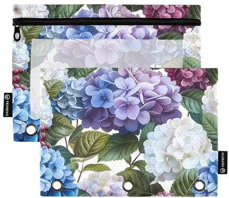 OWFKAY Lot de 2 trousses à crayons pour classeur à 3 anneaux, 3 trous avec fenêtre transparente, motif hortensias multicolores, Motif hortensias multicolores, one sizex2, Trousse de toilette