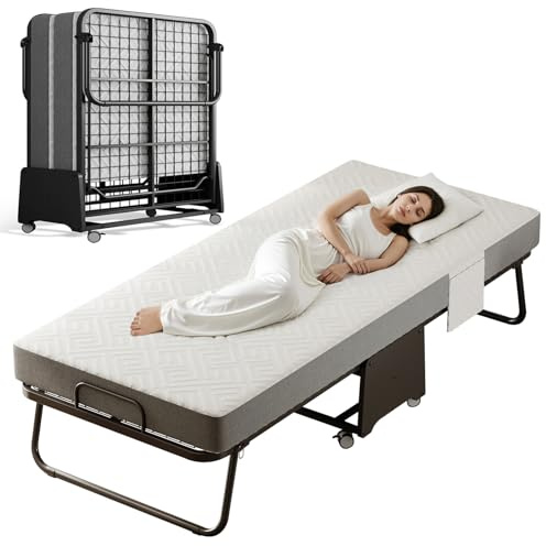 IMBSRBED Deluxe Folding Bed with Mattress with 5-inch Memory Foam Mattress on Rollers for Easy Storage with Metal Frame and Bed Side Pockets (75×31)