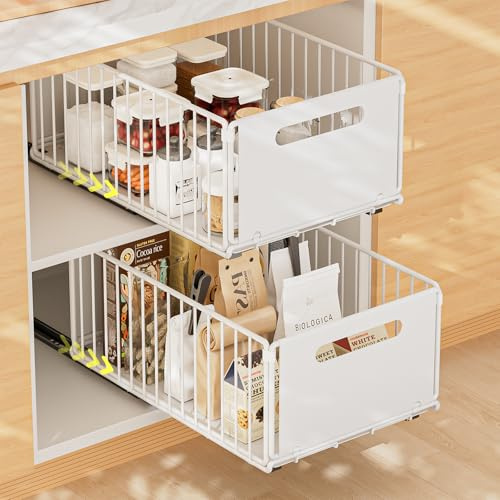 2 Piezas Cajón Telescópico Cajón de Cocina Extensible Desplegable Organizador De Gabinete Extraíble Fijo con Nano Película Adhesiva Cesta Deslizante para Cocina Sin Taladrar ni Clavar, L25*A38*H19 cm