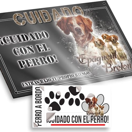 Spaniel Bretón Cartel Cuidado con el Perro 20x12,5cm - Diseño Antracita en Dibond con Pegatina Coche 20x5cm - En Español