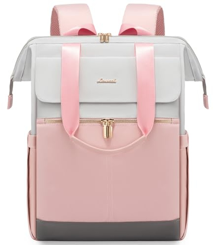 LOVEVOOK Backpack Womens, 15.6 inch Laptop Rucksack Bag for Ladies, Waterproof Daypacks for Office Teacher Nurse, Fashion School Bags for Work University Travel Business, Light Gray - Pastel Pink