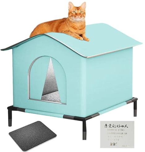 Casita para Gatos de Exterior - Cabaña para Mascotas | Refugio para jardín | Refugio de Suelo Elevado con tapete | Lugar de Descanso para Gatos Protegido para jardín, Patio, césped, Porche y terraza