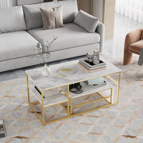Couchtische, 2 Stück, Beistelltisch, Marmor, rechteckig, für Wohnzimmer, Büro, Haus, Café, Hotêl mit Metallbeinen, 105 x 52 x 48,5 cm + 60 x 45 x 28 cm (Farbe Gold 8)