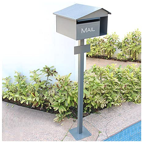 Buzón de jardín con poste, buzón exterior, decoración de jardín, buzón de pie, buzón de sugerencias, buzón de alta seguridad, resistente, gris, 32,9 x 34,5 x 125 cm (12,9 x 13,6 x 49,2 pulgadas).