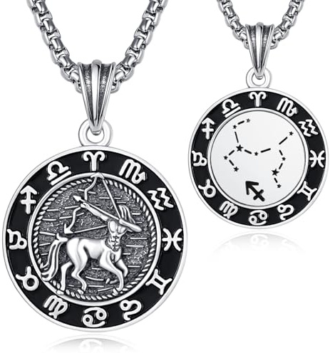 KINGWHYTE 12 Sternzeichen Anhänger Kette für Herren 925 Sterling Silber Konstellation Kette 22mm Astrologie Horoskop Anhänger Runde Tierkreiszeichen Halskette Sternbilder Schmuck Geschenke für Männer