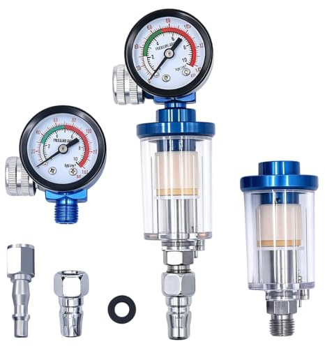 SKJJM Air Compressor Regulator Spray Gun Filter, 1/4 Line Air Filter & Air Pressure Regulator Combination Tool Kit, Air Compressor Water Trap, Airline Air Compressor Water Trap Filter for Spray Gun