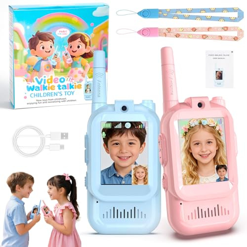 Video Walkie Talkie Bambini, 2 Pezzi walkie talkie video ricaricabili per bambini con ampia portata,Fotocamera e distorsore vocale,Giochi da giardino,campeggio,Regali di Pasqua per bambini e bambine